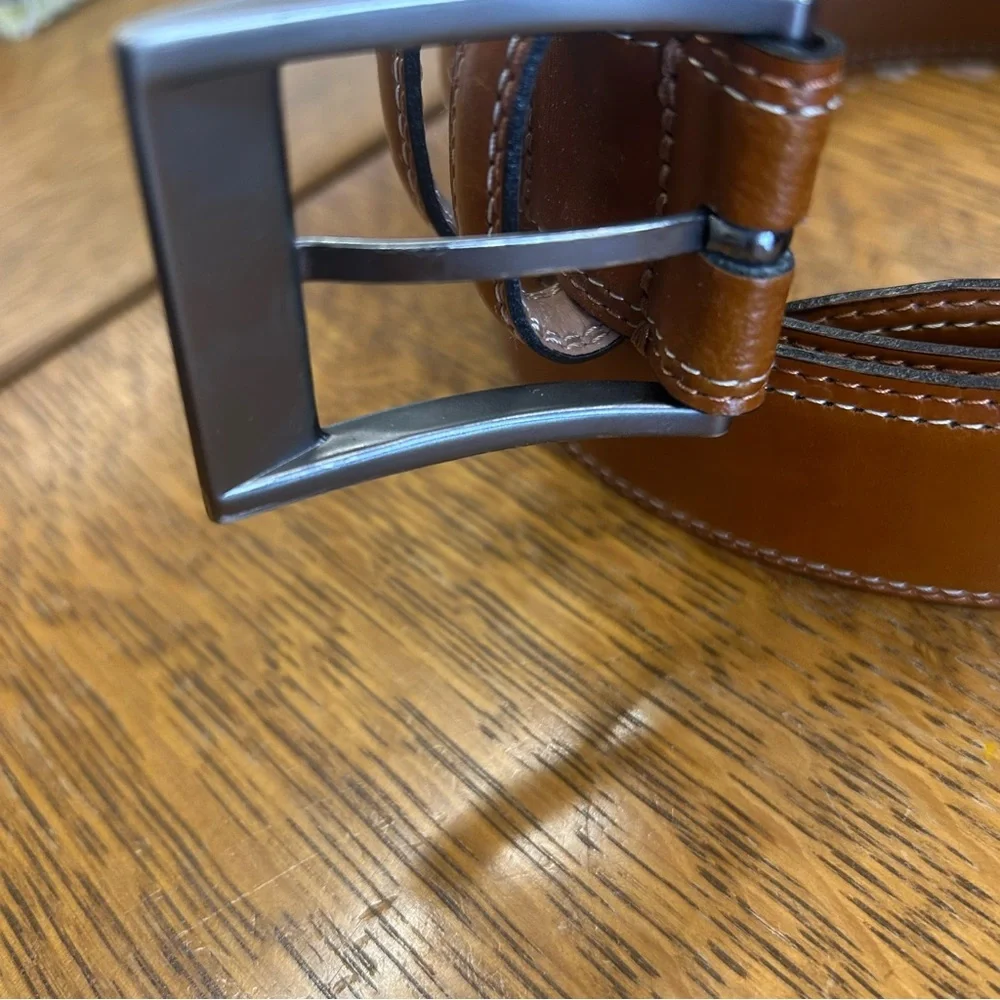 Joseph Abboud Camel Tan Leather Dress Belt 44/110 Brushed Nickel Buckle Classic